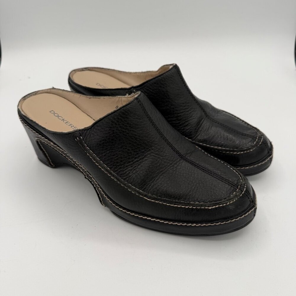 Dockers Women's Leather Wedged Heeled Mules Clogs - Size 8.5M Black